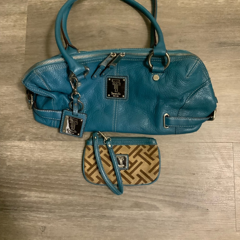 Blue and Tan Shoulder Bag Set with Geometric Design